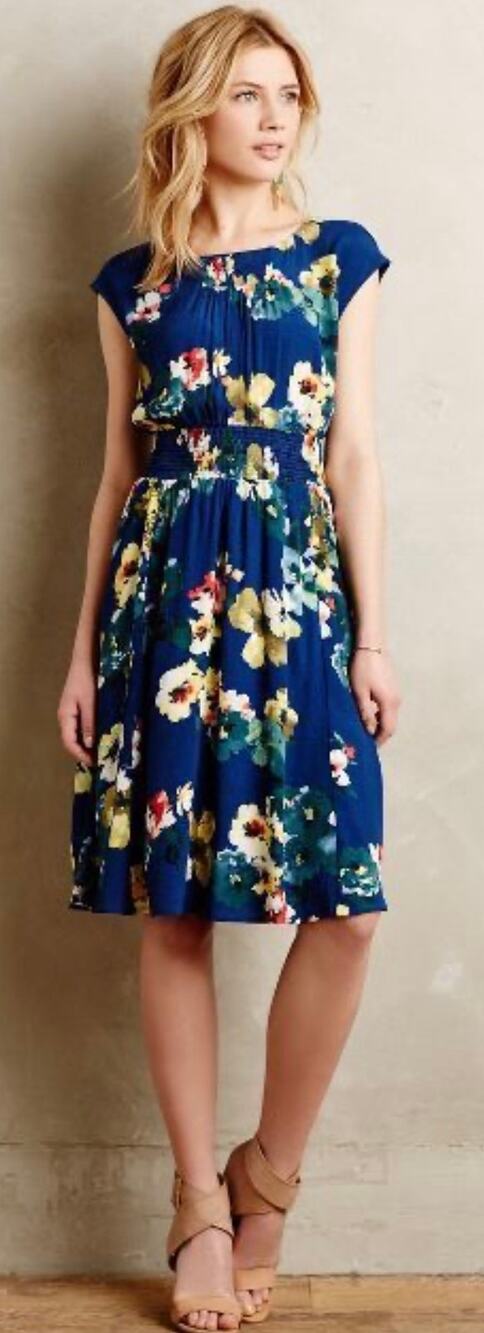 Anthropologie Maeve Mini Dress Blue Floral Smocked Waist Cap Sleeve Small